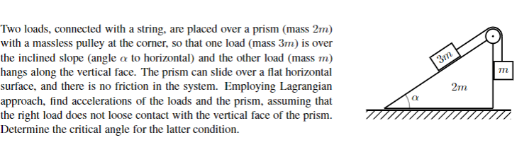 3m M Two Loads Connected With A String Are Placed Over A Prism Mass 2m With A Massless Pulley At The Corner So That 1
