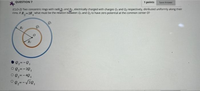 Question 7 Save A 1 Points Clo 2 Two Concentric Rings With Radi Brand R Electrically Charged With Charges 0 And Q2 1