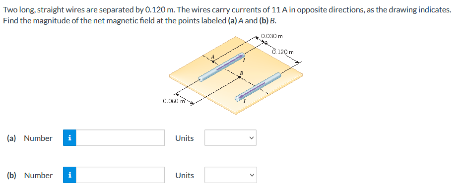Two Long Straight Wires Are Separated By 0 120 M The Wires Carry Currents Of 11 A In Opposite Directions As The Drawi 1