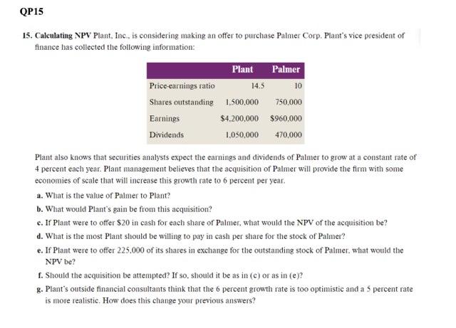 Qp15 15 Calculating Npv Plant Inc Is Considering Making An Offer To Purchase Palmer Corp Plant S Vice President Of F 1