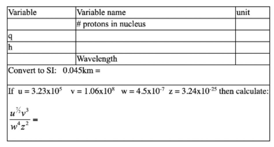 Unit Variable Variable Name Protons In Nucleus 19 H Wavelength Convert To Si 0 045km If U 3 23x105 V 1 06x10 W 1