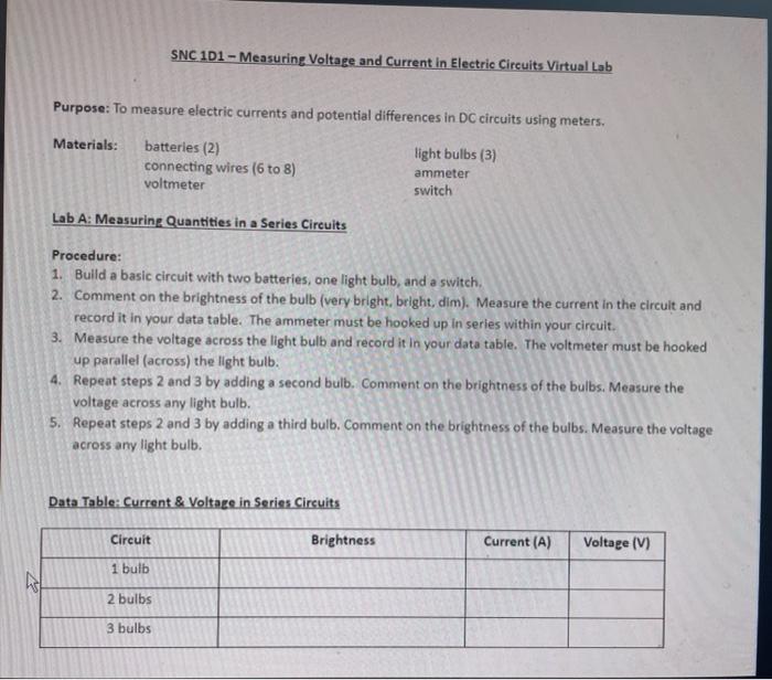 Snc 101 Measuring Voltage And Current In Electric Circuits Virtual Lab Purpose To Measure Electric Currents And Poten 1