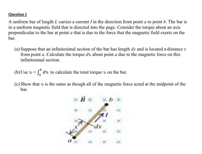 Question 1 A Uniform Bar Of Length L Carries A Current I In The Direction From Point A To Point B The Bar Is In A Unifo 1