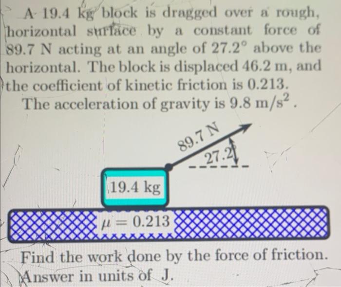 A 19 4 Kg Block Is Dragged Over A Rough Horizontal Surface By A Constant Force Of 89 7 N Acting At An Angle Of 27 2 Ab 1