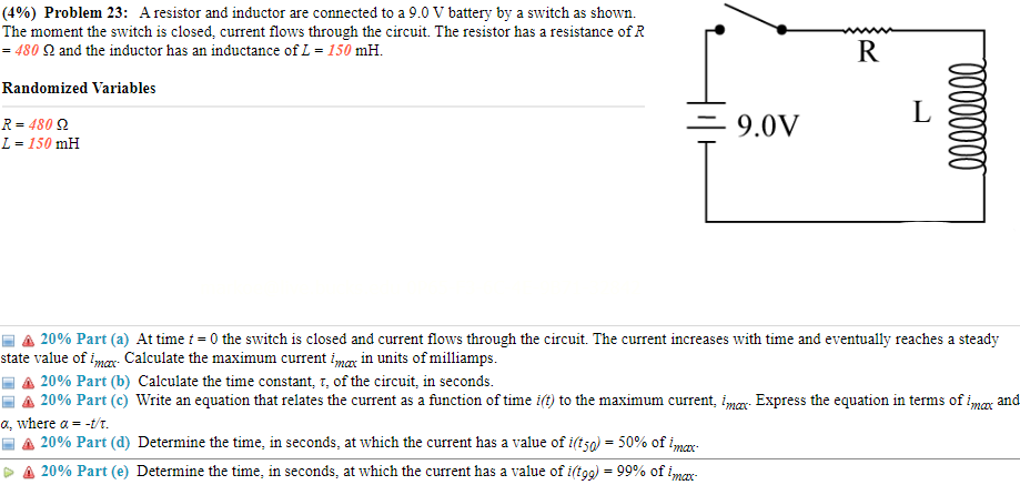 4 Problem 23 A Resistor And Inductor Are Connected To A 9 0 V Battery By A Switch As Shown The Moment The Switch Is 1