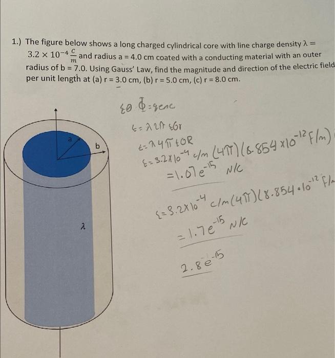 1 The Figure Below Shows A Long Charged Cylindrical Core With Line Charge Density 1 3 2 X 10 4 And Radius A 4 0 Cm 1