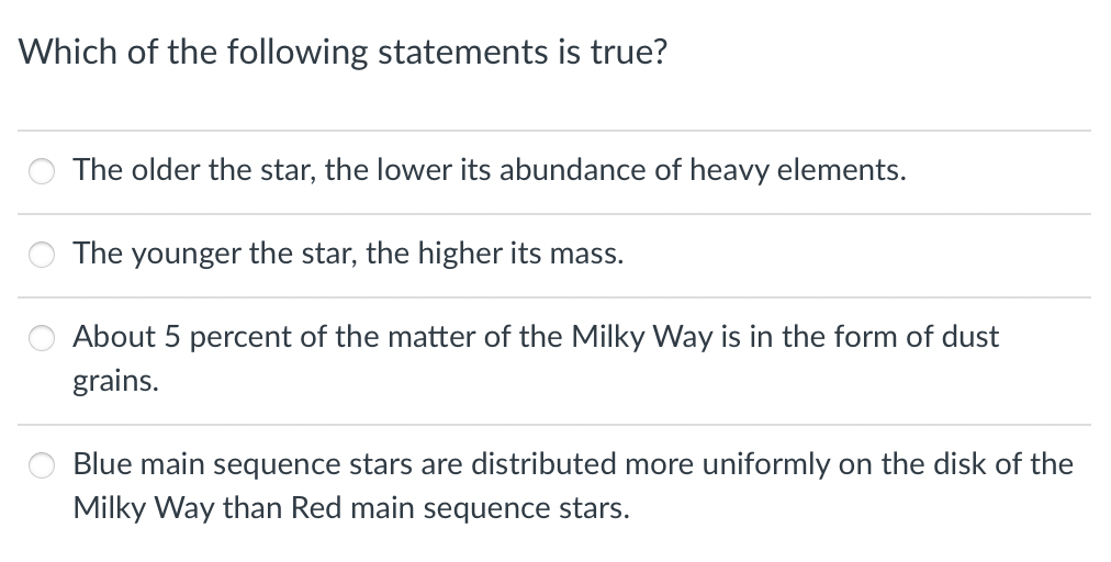 Which Of The Following Statements Is True The Older The Star The Lower Its Abundance Of Heavy Elements The Younger Th 1