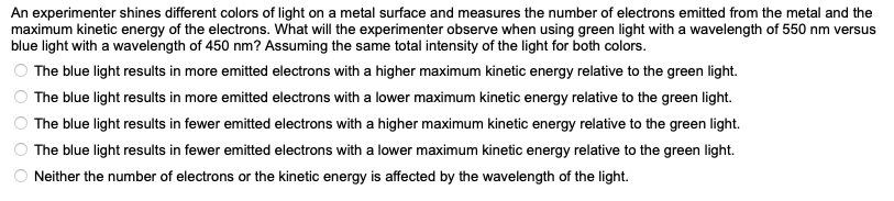 An Experimenter Shines Different Colors Of Light On A Metal Surface And Measures The Number Of Electrons Emitted From Th 1