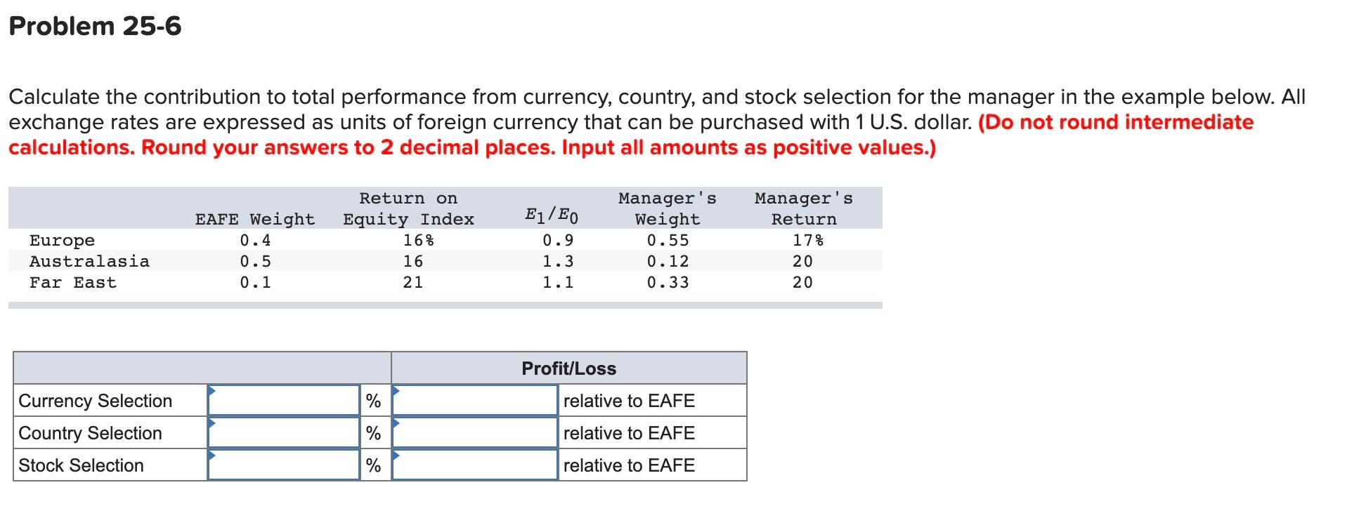 Problem 25 6 Calculate The Contribution To Total Performance From Currency Country And Stock Selection For The Manager 1