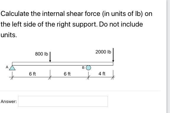 Calculate The Internal Shear Force In Units Of Lb On The Left Side Of The Right Support Do Not Include Units 800 Lb 1