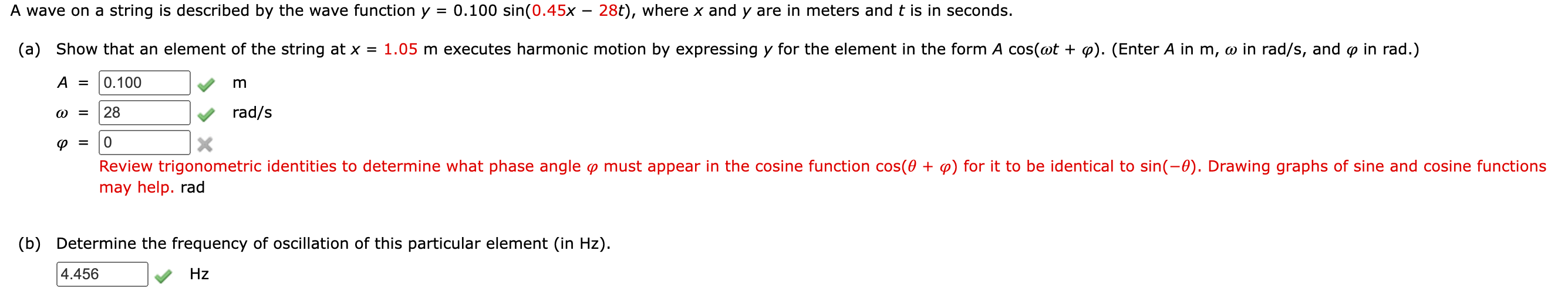 A Wave On A String Is Described By The Wave Function Y 0 100 Sin 0 45x 28t Where X And Y Are In Meters And T Is In 1