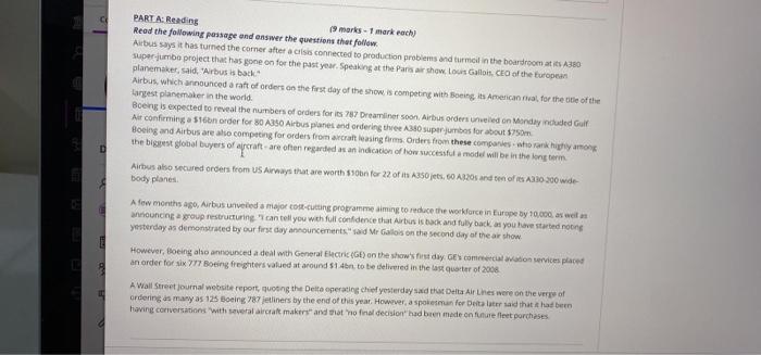 Part A Reading 9 Marks 1 Markah Read The Following Passage And Answer The Questions That Follow Airbus Says It Has T 1