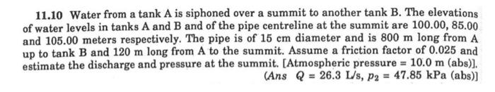 11 10 Water From A Tank A Is Siphoned Over A Summit To Another Tank B The Elevations Of Water Levels In Tanks A And B A 1