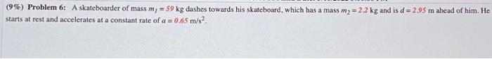 9 Problem 6 A Skateboarder Of Mass M 59 Kg Dashes Towards His Skateboard Which Has A Mass M2 2 2 Kg And Is D 1