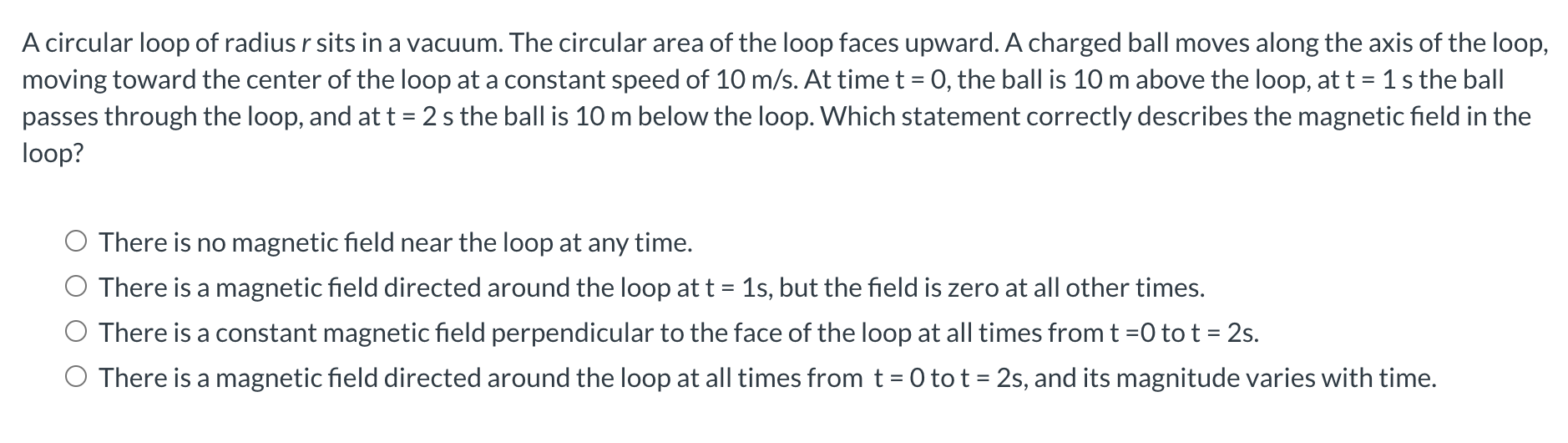 A Circular Loop Of Radius R Sits In A Vacuum The Circular Area Of The Loop Faces Upward A Charged Ball Moves Along The 1