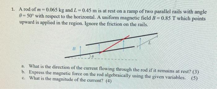 1 A Rod Of M 0 065 Kg And L 0 45 M Is At Rest On A Ramp Of Two Parallel Rails With Angle 0 50 With Respect To The 1