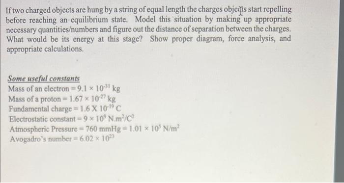If Two Charged Objects Are Hung By A String Of Equal Length The Charges Objects Start Repelling Before Reaching An Equil 1