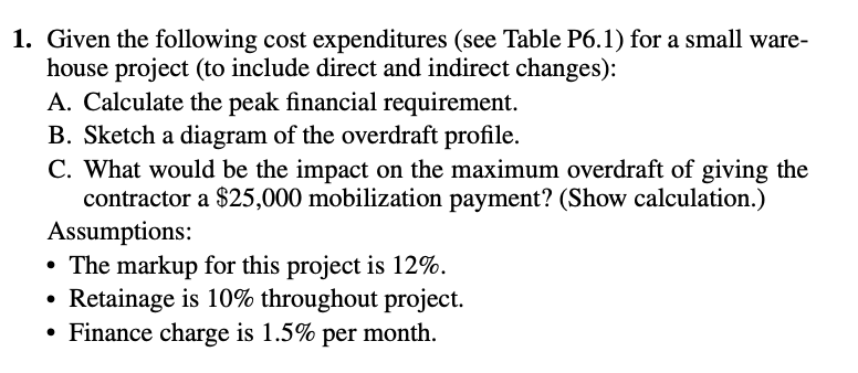 1 Given The Following Cost Expenditures See Table P6 1 For A Small Ware House Project To Include Direct And Indirec 1