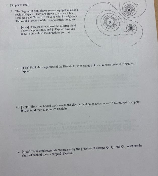 Ov Way 1 30 Points Total A The Diagram At Right Shows Several Equipotentials In A Region Of Space They Are Drawn So 1