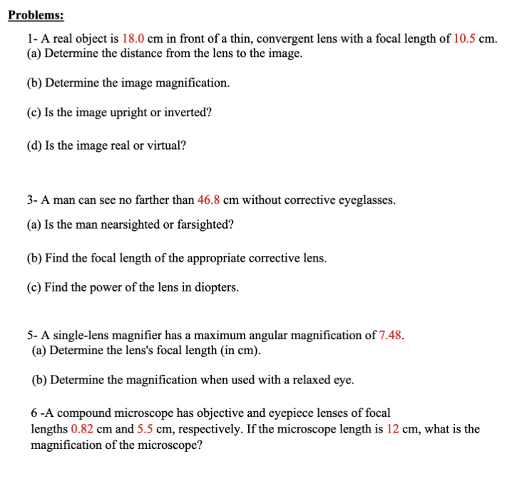 Problems 1 A Real Object Is 18 0 Cm In Front Of A Thin Convergent Lens With A Focal Length Of 10 5 Cm A Determine 1