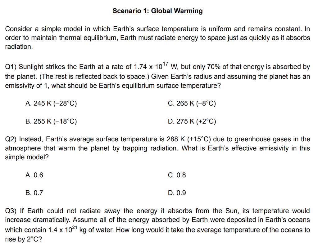 Scenario 1 Global Warming Consider A Simple Model In Which Earth S Surface Temperature Is Uniform And Remains Constant 1