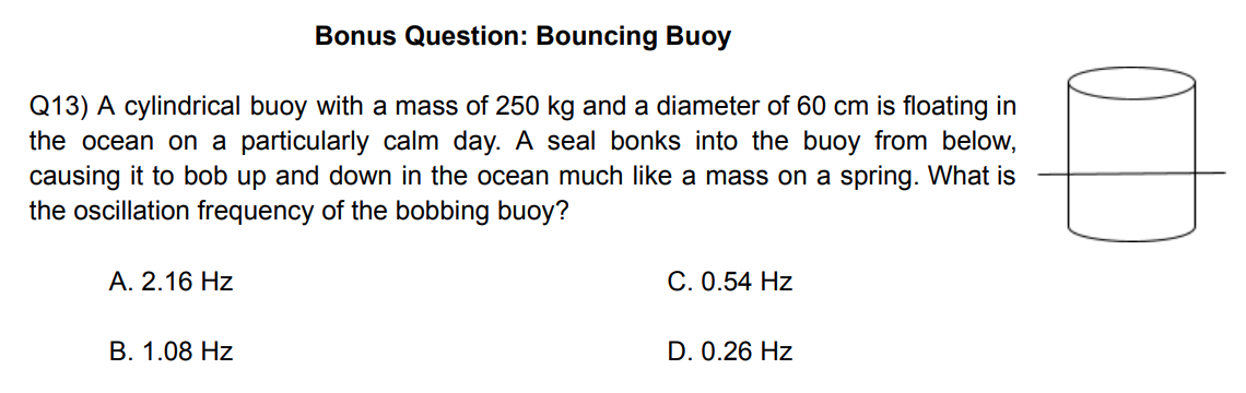 Bonus Question Bouncing Buoy Q13 A Cylindrical Buoy With A Mass Of 250 Kg And A Diameter Of 60 Cm Is Floating In The O 1
