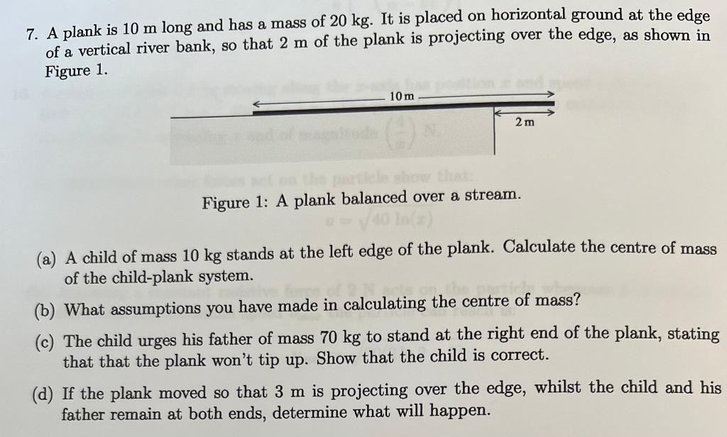 7 A Plank Is 10 M Long And Has A Mass Of 20 Kg It Is Placed On Horizontal Ground At The Edge Of A Vertical River Bank 1