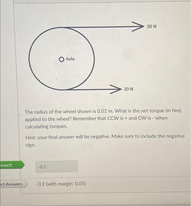 30 N Axle 20 N The Radius Of The Wheel Shown Is 0 02 M What Is The Net Torque In Nm Applied To The Wheel Remember Th 1