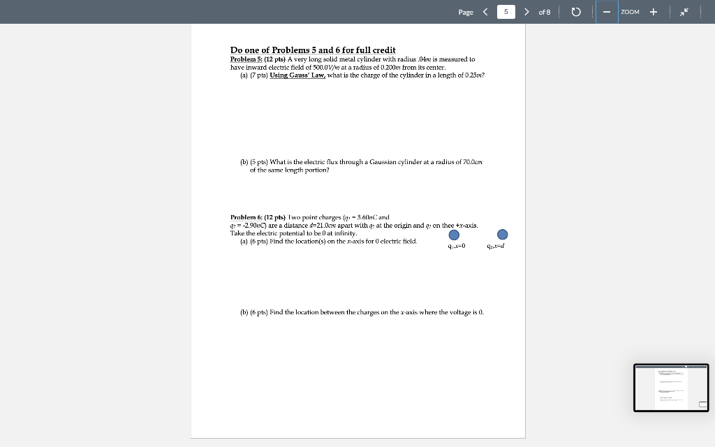 Page Of 8 Zoom Do One Of Problems 5 And 6 For Full Credit Problem 5 12 Pts A Very Long Solid Metal Cylinder With 1