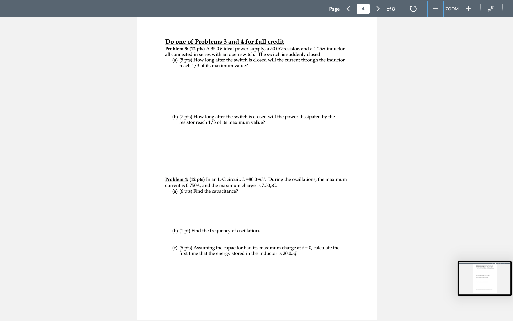 Page Of 8 Zoom Do One Of Problems 3 And 4 For Full Credit Problem 3 12 Pts A 35 0v Ideal Power Supply A 50 00 Re 1