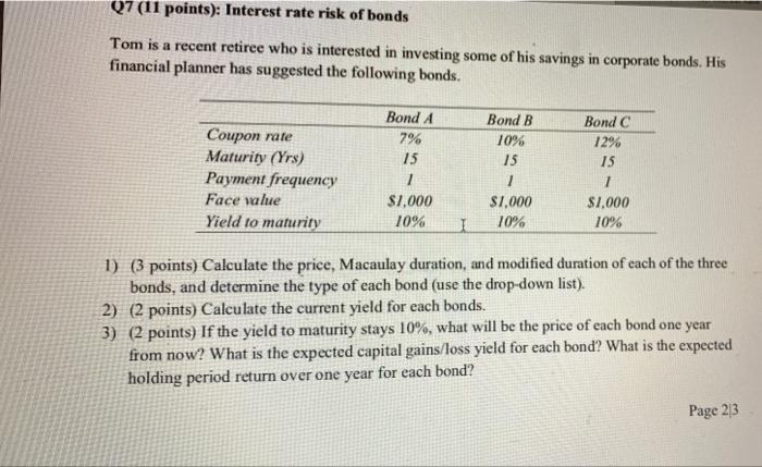 Q7 11 Points Interest Rate Risk Of Bonds Tom Is A Recent Retiree Who Is Interested In Investing Some Of His Savings I 1