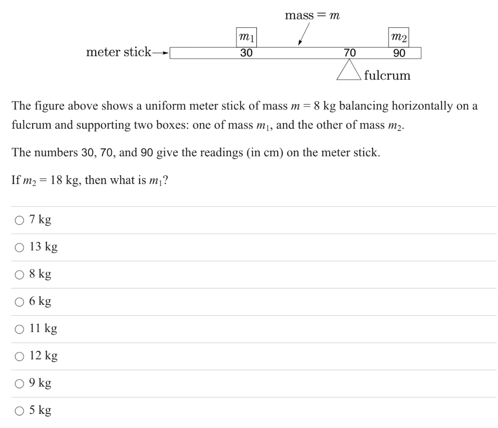 Mass M M2 Mi 30 Meter Stick 70 90 Fulcrum The Figure Above Shows A Uniform Meter Stick Of Mass M 8 Kg Balancing Hori 1