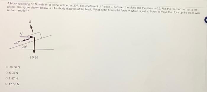 A Block Weighing 10 N Rests On A Plane Inclined At 20 The Coefficient Of Friction Between The Block And The Plane Is 0 1