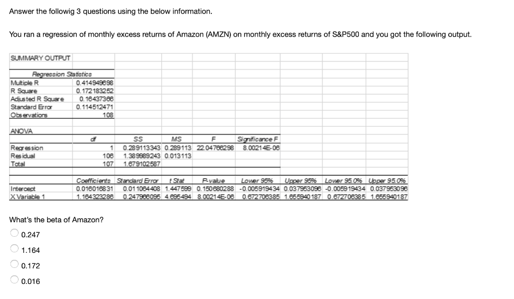 Answer The Followig 3 Questions Using The Below Information You Ran A Regression Of Monthly Excess Returns Of Amazon A 1