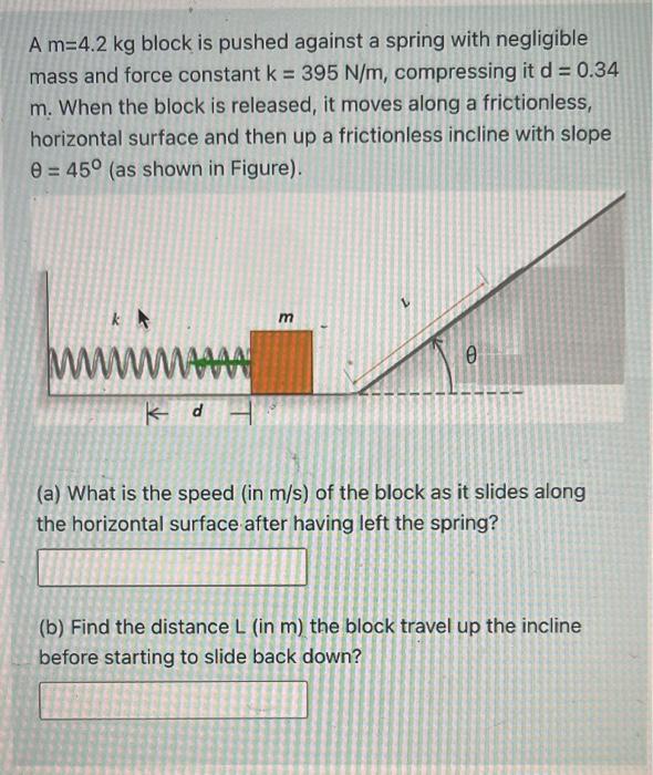A M 4 2 Kg Block Is Pushed Against A Spring With Negligible Mass And Force Constant K 395 N M Compressing It D 0 34 1