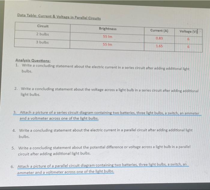 Data Table Current Voltas In Parallel Circuits Circuit Brightness Current A Voltage Vil 2 Bulbs 55 Im 0 83 6 3 Bulb 2