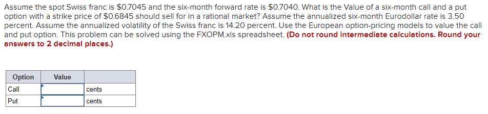 Assume The Spot Swiss Franc Is 0 7045 And The Six Month Forward Rate Is 0 7040 What Is The Value Of A Six Month Call 1