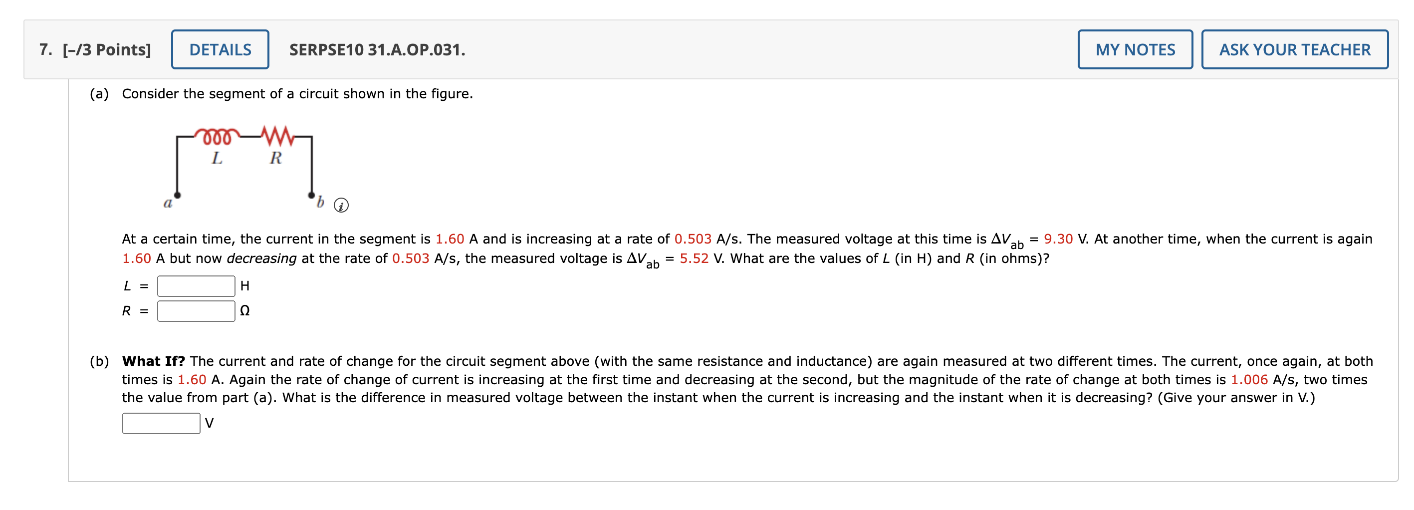 7 13 Points Details Serpse10 31 A Op 031 My Notes Ask Your Teacher A Consider The Segment Of A Circuit Shown In T 1