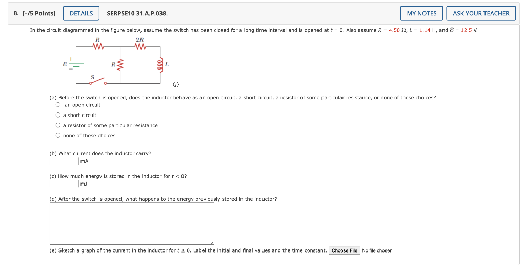 8 5 Points Details Serpse10 31 A P 038 My Notes Ask Your Teacher In The Circuit Diagrammed In The Figure Below As 1