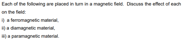 Each Of The Following Are Placed In Turn In A Magnetic Field Discuss The Effect Of Each On The Field I A Ferromagneti 1
