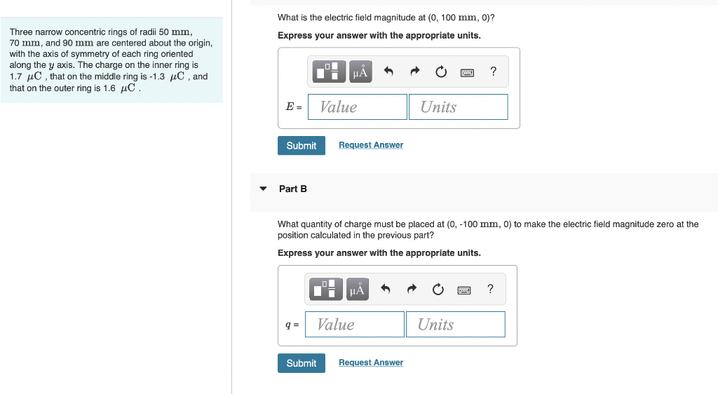 What Is The Electric Field Magnitude At 0 100 Mm 0 Express Your Answer With The Appropriate Units Three Narrow Con 1