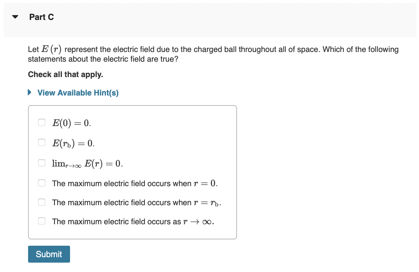 Revie Part A A Solid Ball Of Radius R Has A Uniform Charge Density P What Is The Magnitude Of The Electric Field E R 2