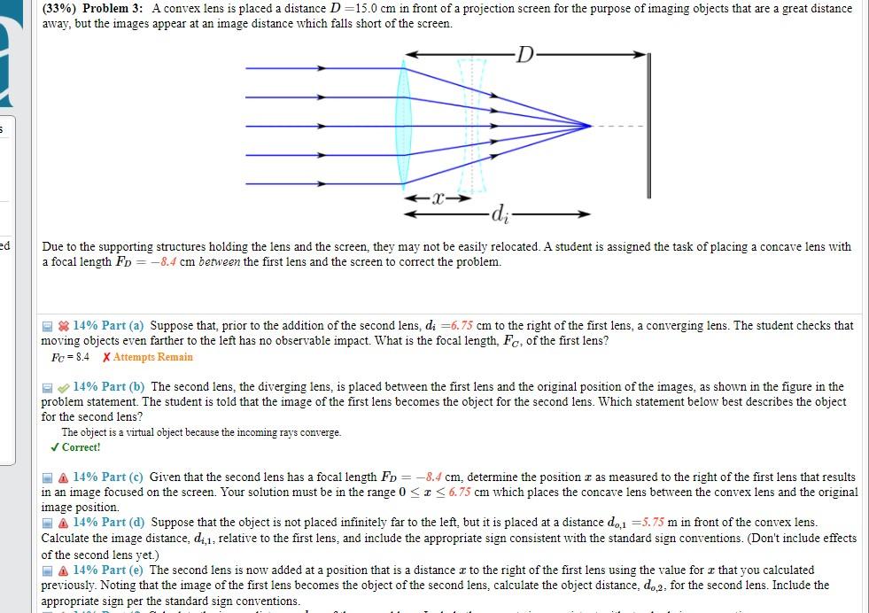 33 Problem 3 A Convex Lens Is Placed A Distance D 15 0 Cm In Front Of A Projection Screen For The Purpose Of Imaging 1