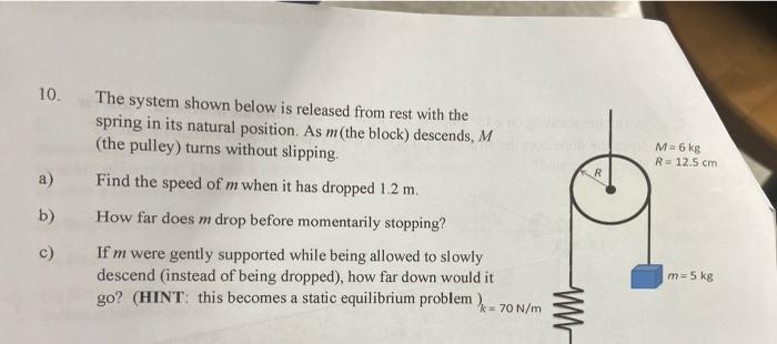10 The System Shown Below Is Released From Rest With The Spring In Its Natural Position As M The Block Descends M 1