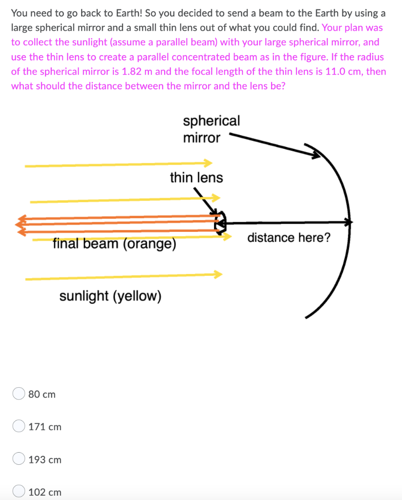 You Need To Go Back To Earth So You Decided To Send A Beam To The Earth By Using A Large Spherical Mirror And A Small T 1