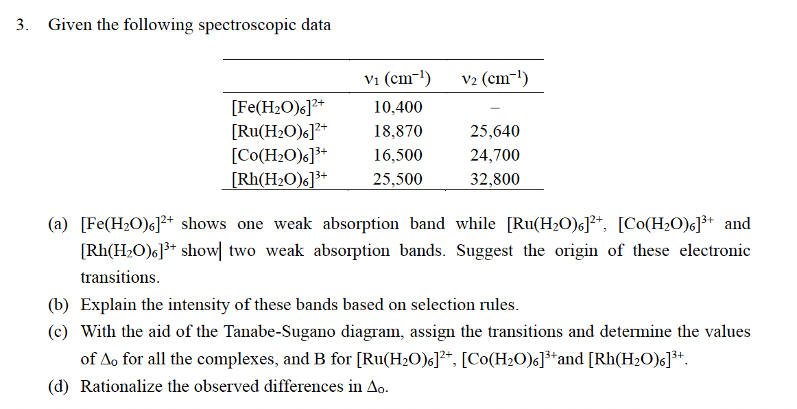 3 Given The Following Spectroscopic Data V2 Cm 1 Fe H2o 2 Ru H2o 6 2 Co H20 6 3 Rh H2o 3 Vi Cm 1 10 400 1