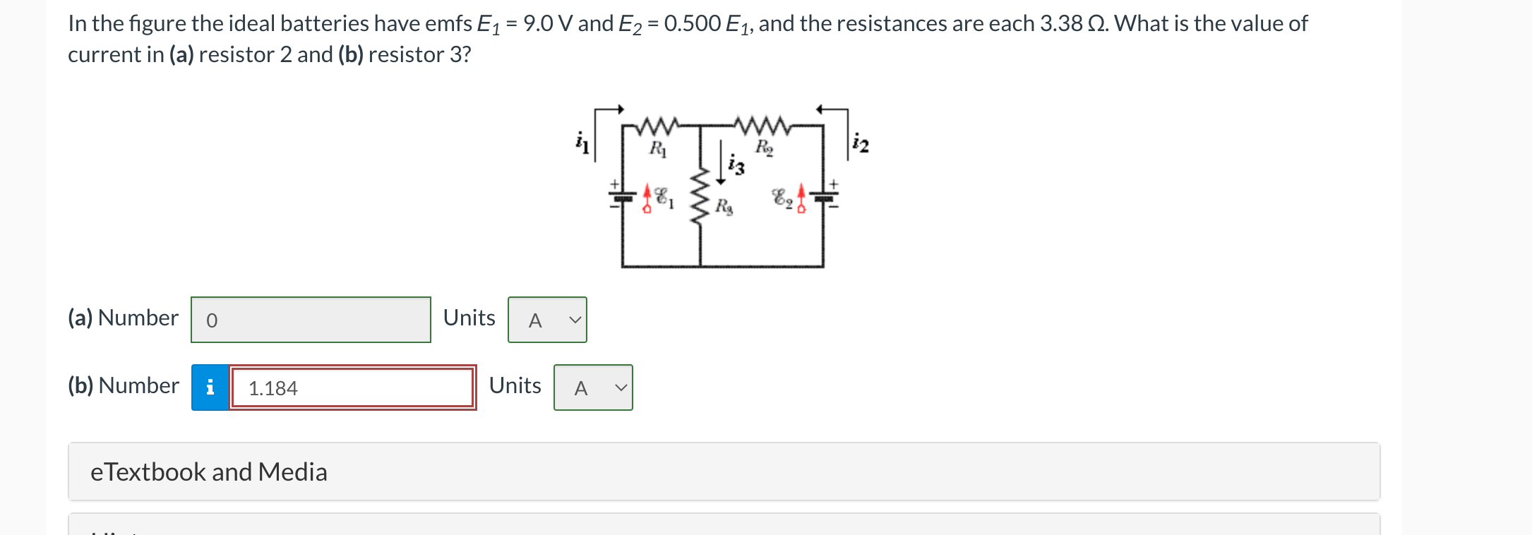 In The Figure The Ideal Batteries Have Emfs E1 9 0 V And E2 0 500 E1 And The Resistances Are Each 3 38 12 What I 1
