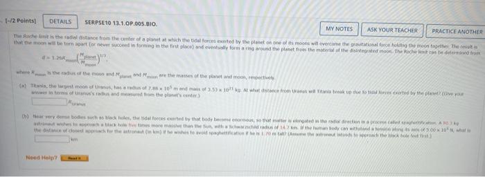 1 12 Points Details Serpse10 13 1 Op 005 Bio My Notes Ask Your Teacher Practice Another The Roche Is The Distance To Th 1