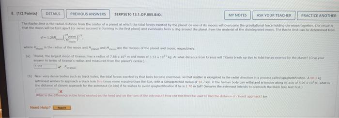 1 12 Points Details Serpse10 13 1 Op 005 Bio My Notes Ask Your Teacher Practice Another The Roche Is The Distance To Th 3