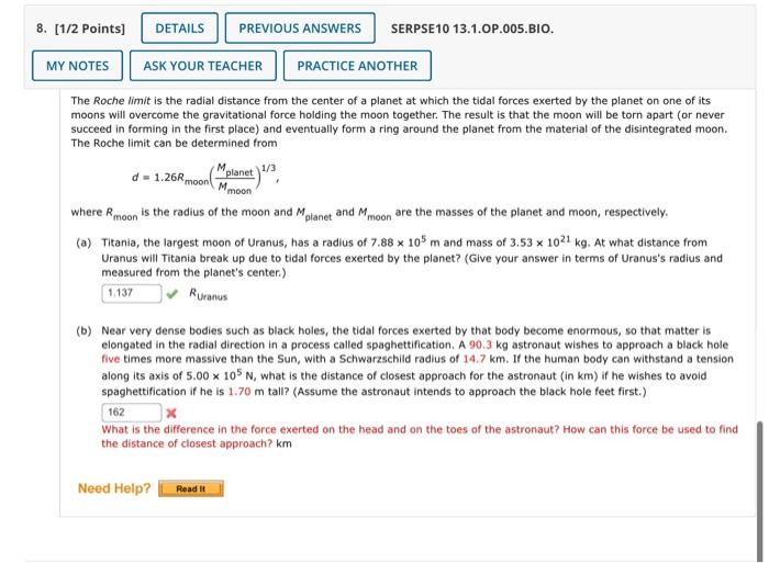 1 12 Points Details Serpse10 13 1 Op 005 Bio My Notes Ask Your Teacher Practice Another The Roche Is The Distance To Th 5